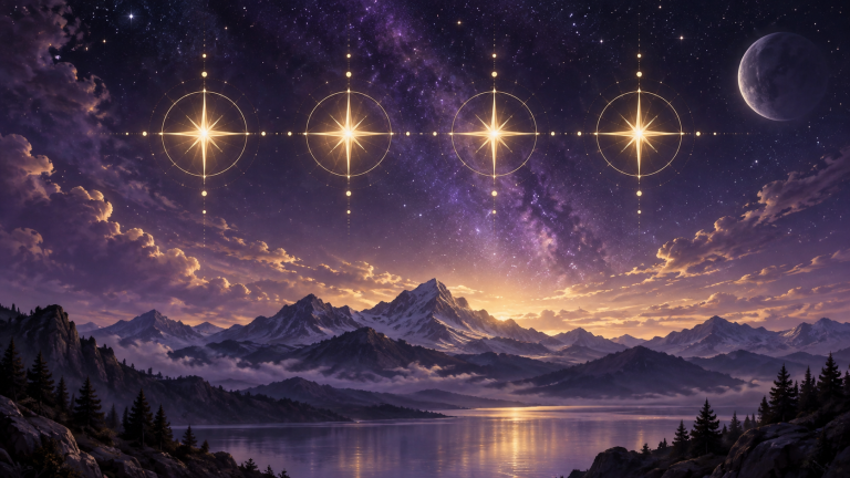Four luminous stars above a mountain lake at dawn, representing the symbolism of angel number 444.