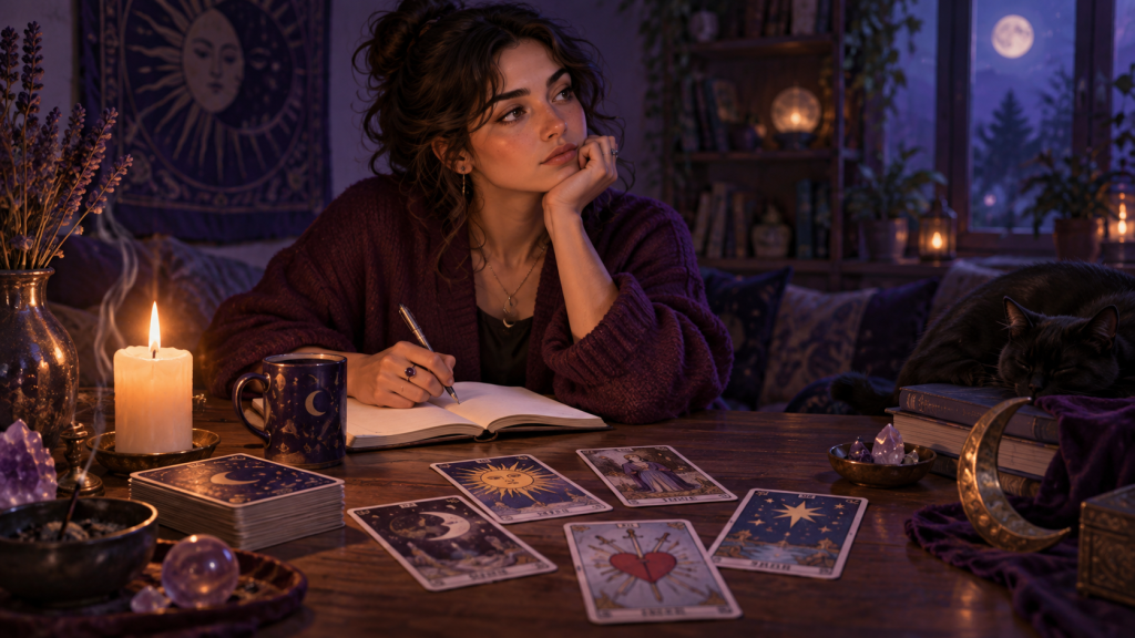 A person reflects over tarot cards and a notebook in a candlelit room before a psychic chat.