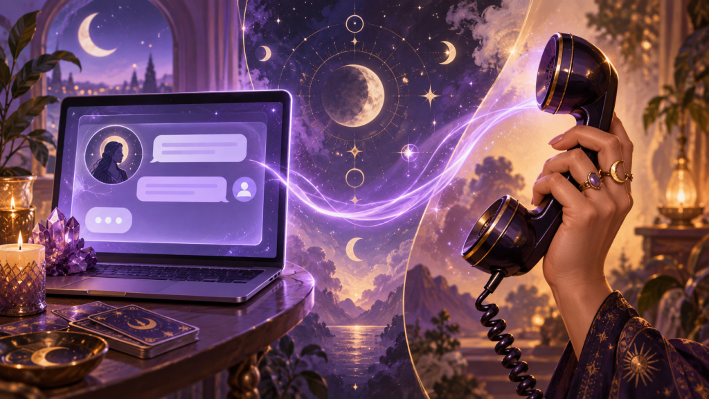 A laptop chat and a phone receiver connected by flowing violet light.