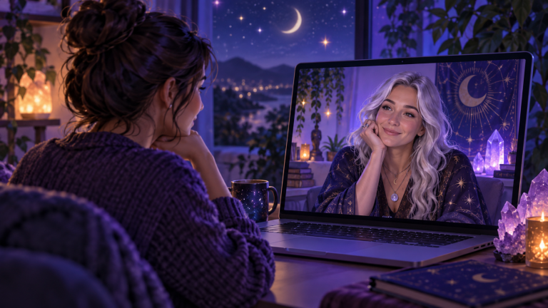 A seeker speaks with a psychic reader by video call in a calm, candlelit room.