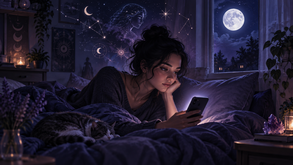 A person awake at night looks at a phone beneath moonlight in a quiet bedroom.