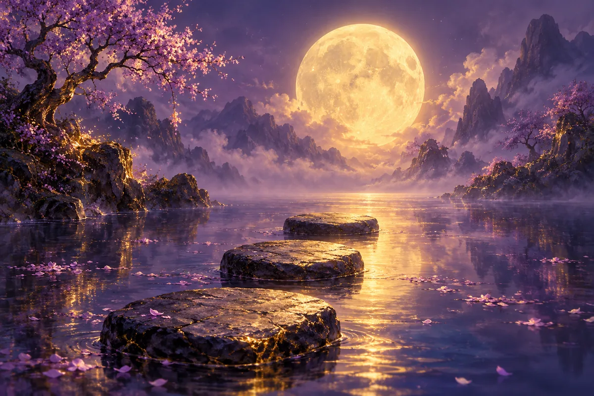 Stepping stones leading to a glowing moon representing the steps of a chat reading